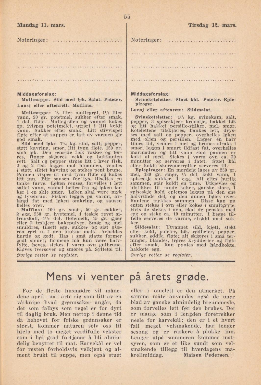 Faksimile av almanakksiden 11. mars 1940