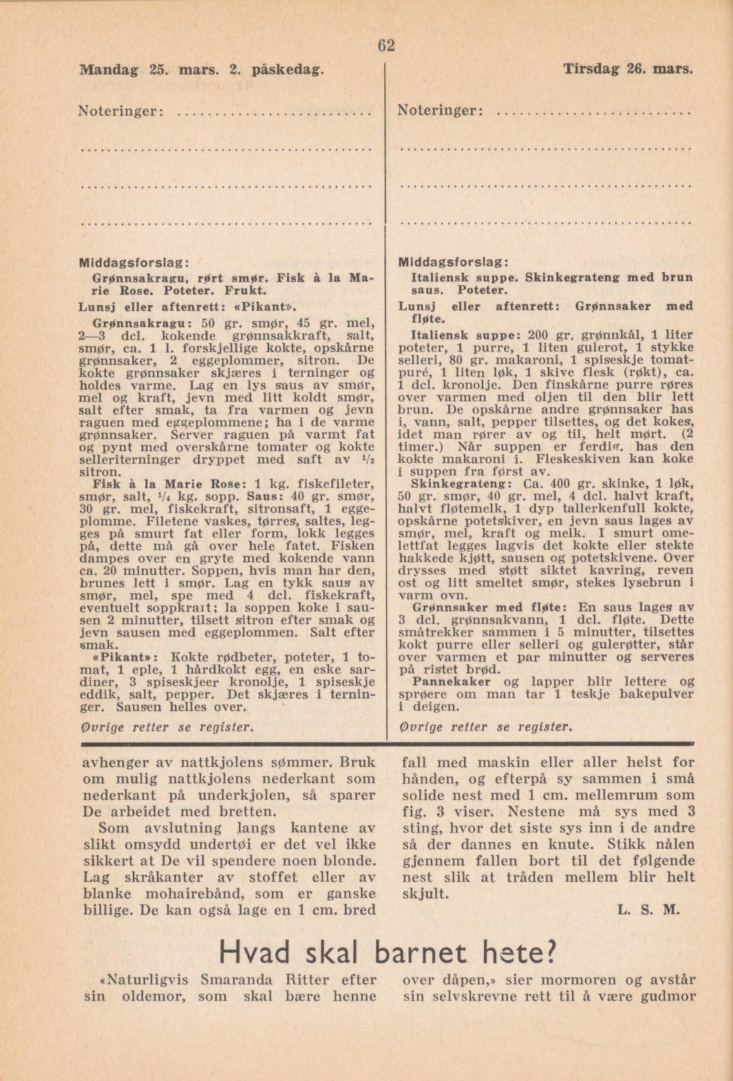 Faksimile av almanakksiden 25. mars 1940