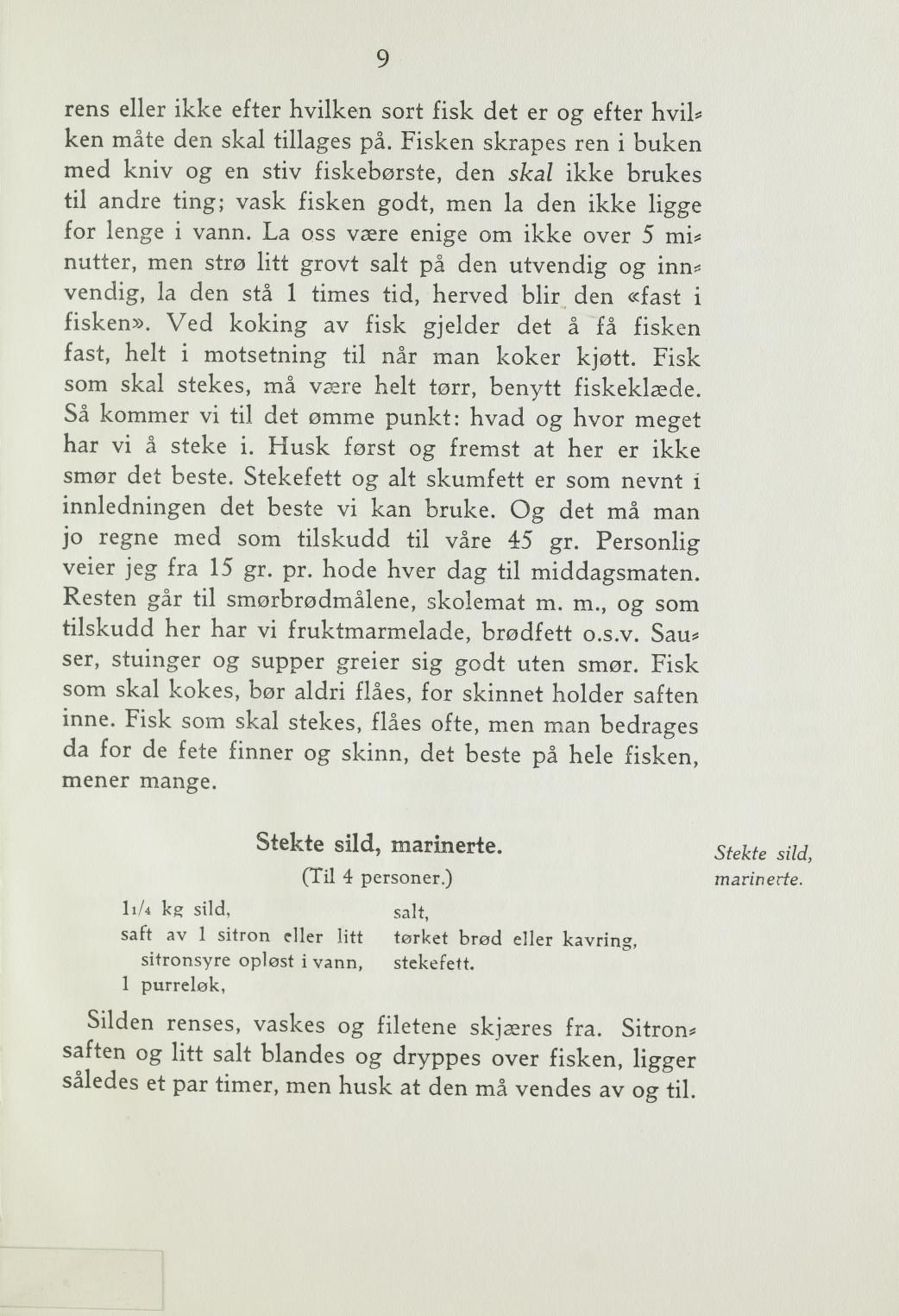 Faksimile av «Silderuletter med brun saus og grønnsaker» fra Steking og baking 1940
