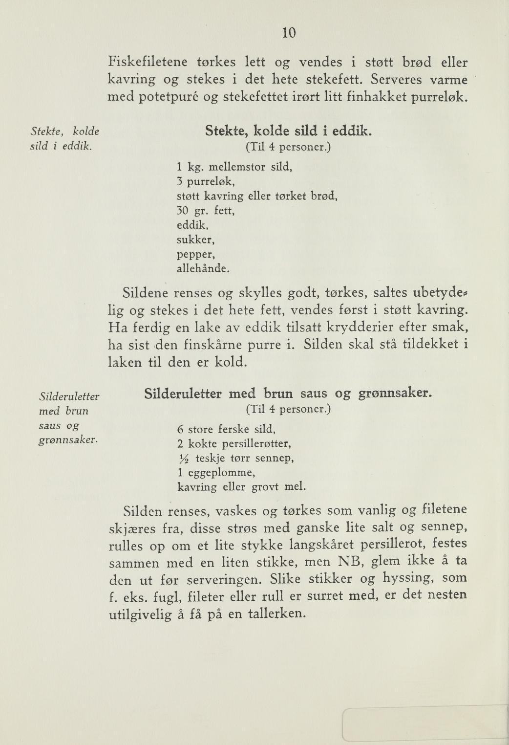 Faksimile av «Hellefisk, stekt med tomat, løk og persille» fra Steking og baking 1940