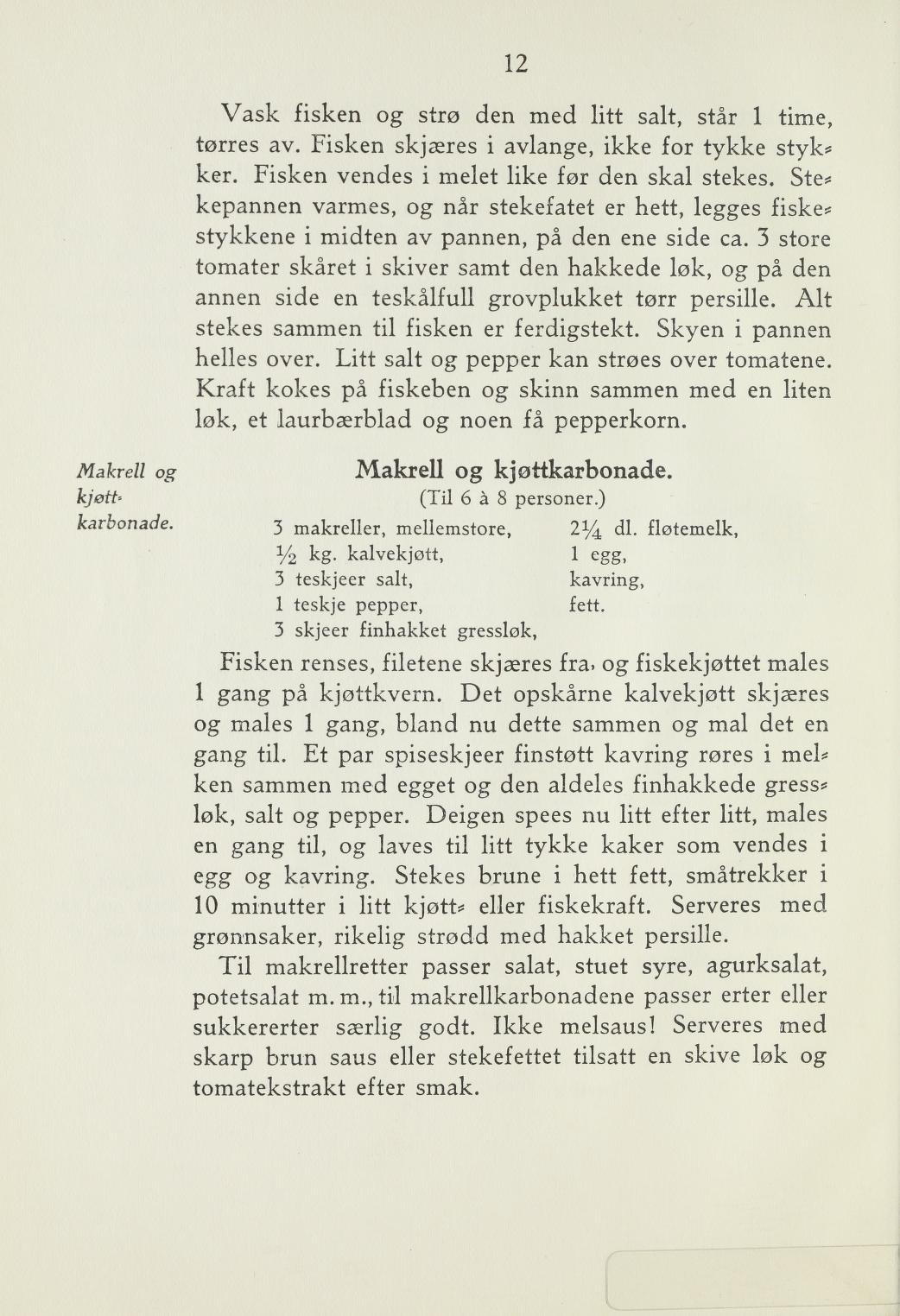 Faksimile av «Fisk stekt med tomater og løk» fra Steking og baking 1940