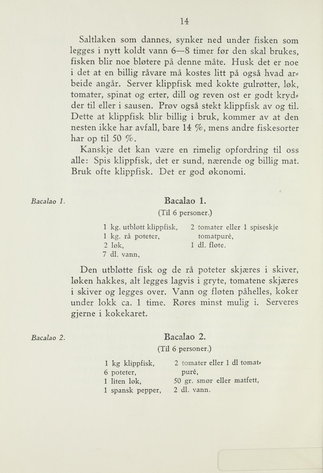 Faksimile av «Bacalao 1» fra Steking og baking 1940