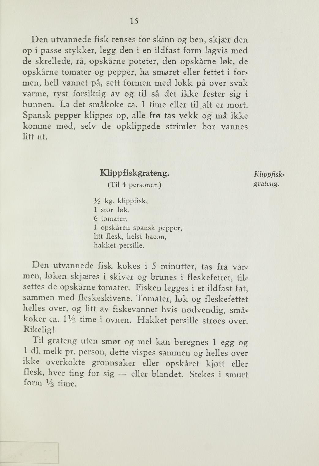 Faksimile av «Klippfisk med spinat» fra Steking og baking 1940