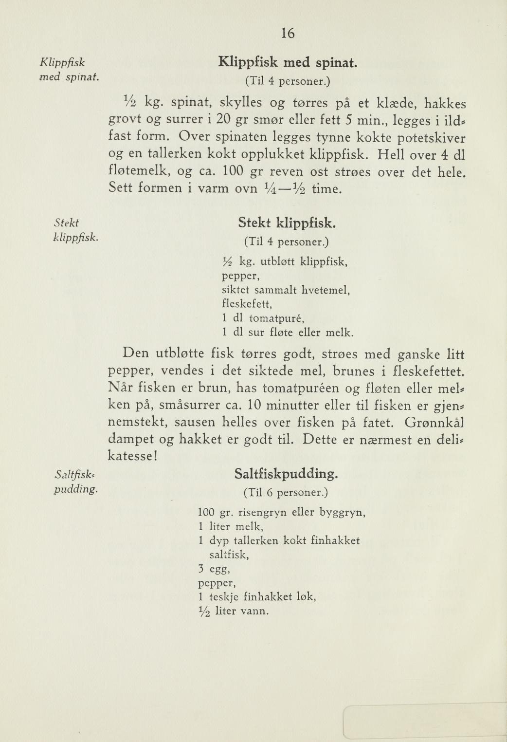 Faksimile av «Klippfisk med spinat» fra Steking og baking 1940