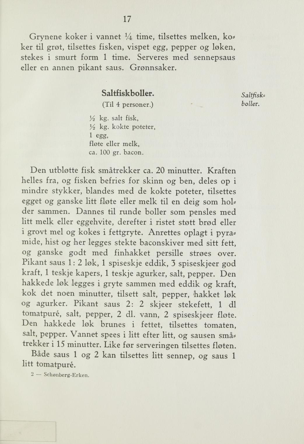Faksimile av «Saltfiskboller» fra Steking og baking 1940