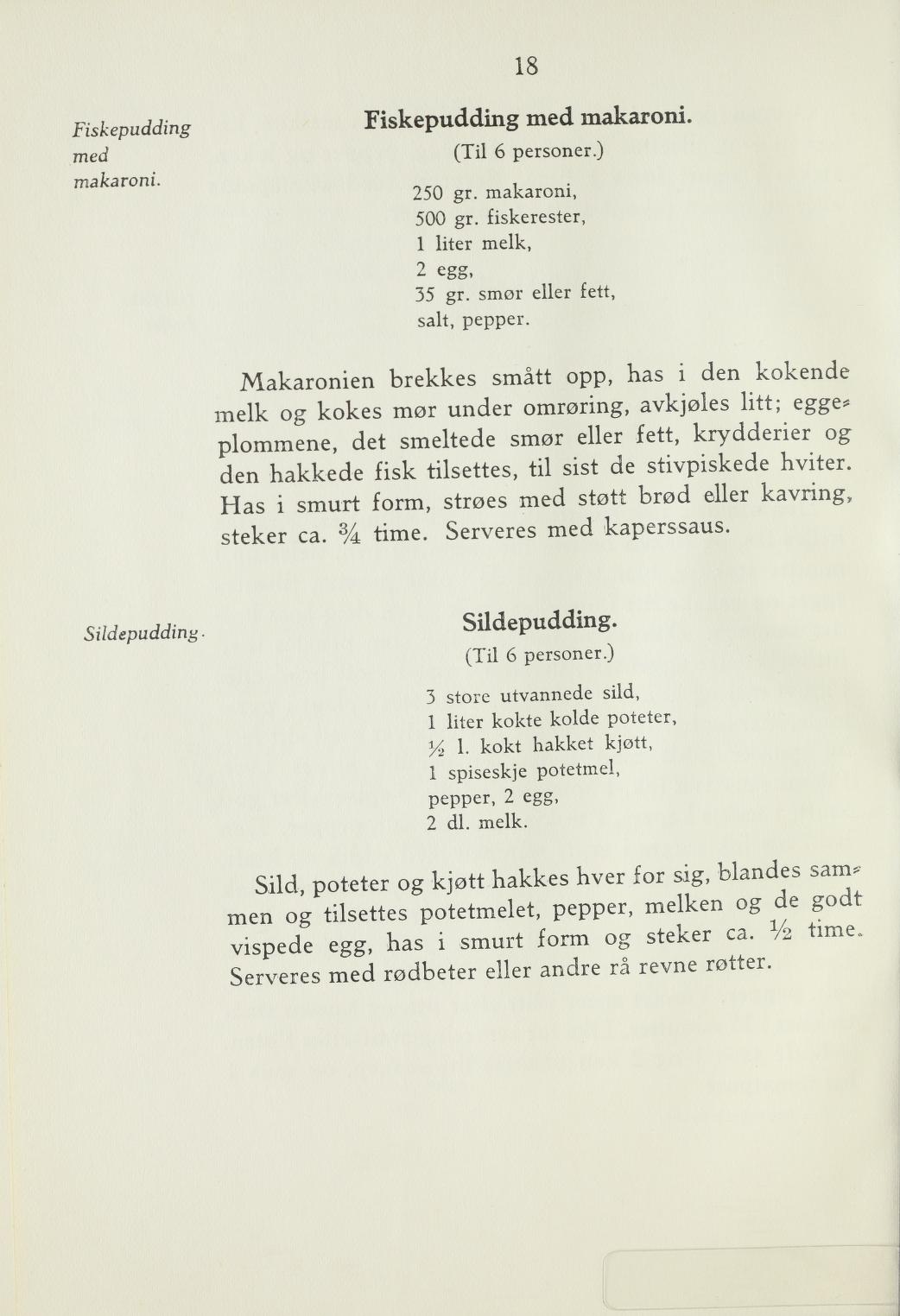 Faksimile av «Fiskepudding med makaroni» fra Steking og baking 1940