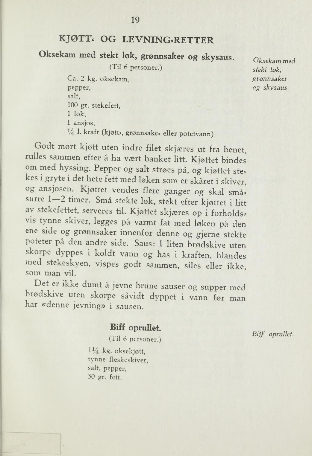 Faksimile av «Biff oprullet.» fra Steking og baking 1940