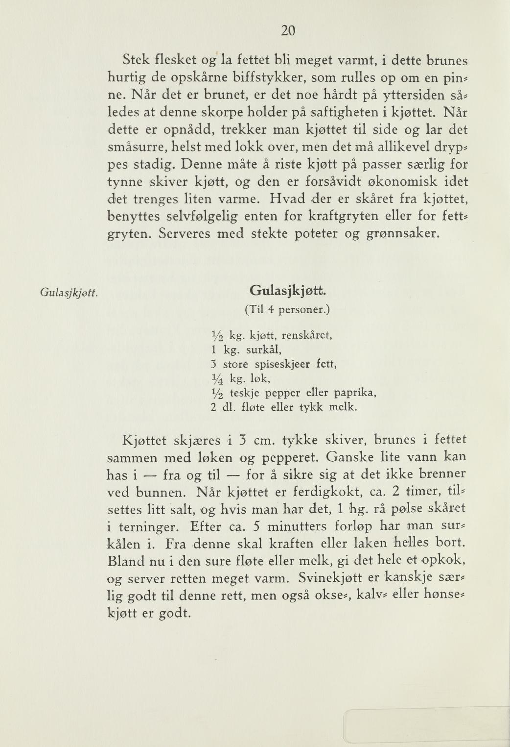 Faksimile av «Gulasjkjøtt» fra Steking og baking 1940