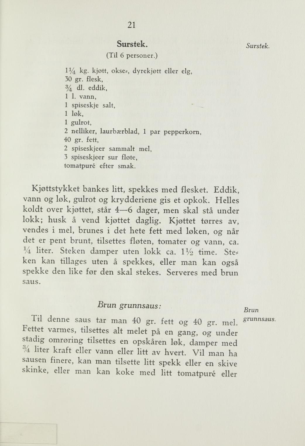 Faksimile av «Surstek» fra Steking og baking 1940