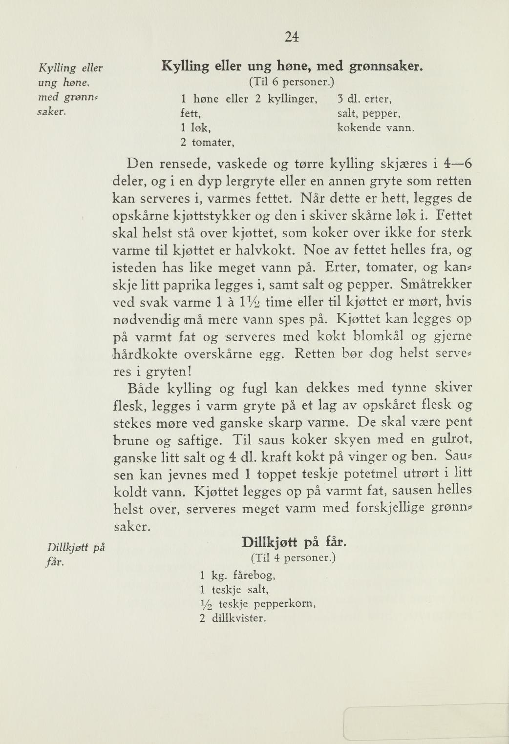 Faksimile av «Dillkjøtt på får» fra Steking og baking 1940