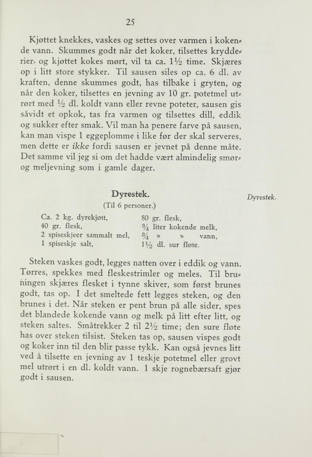 Faksimile av «Dyrestek» fra Steking og baking 1940