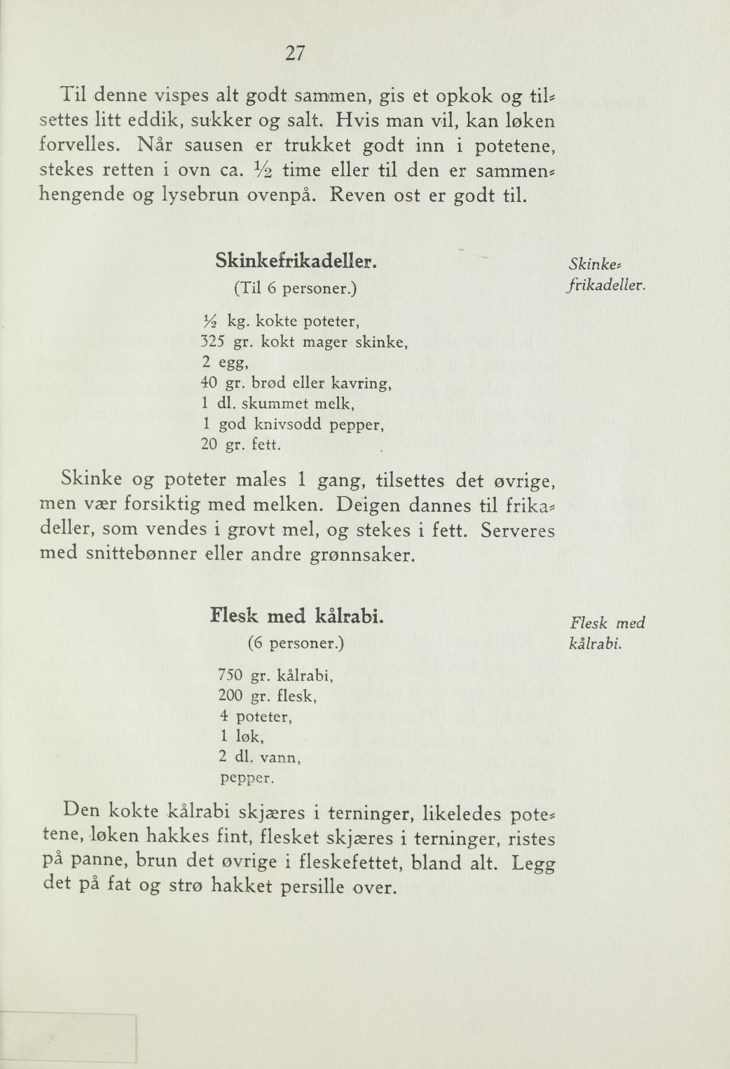 Faksimile av «Flesk med kålrabi» fra Steking og baking 1940