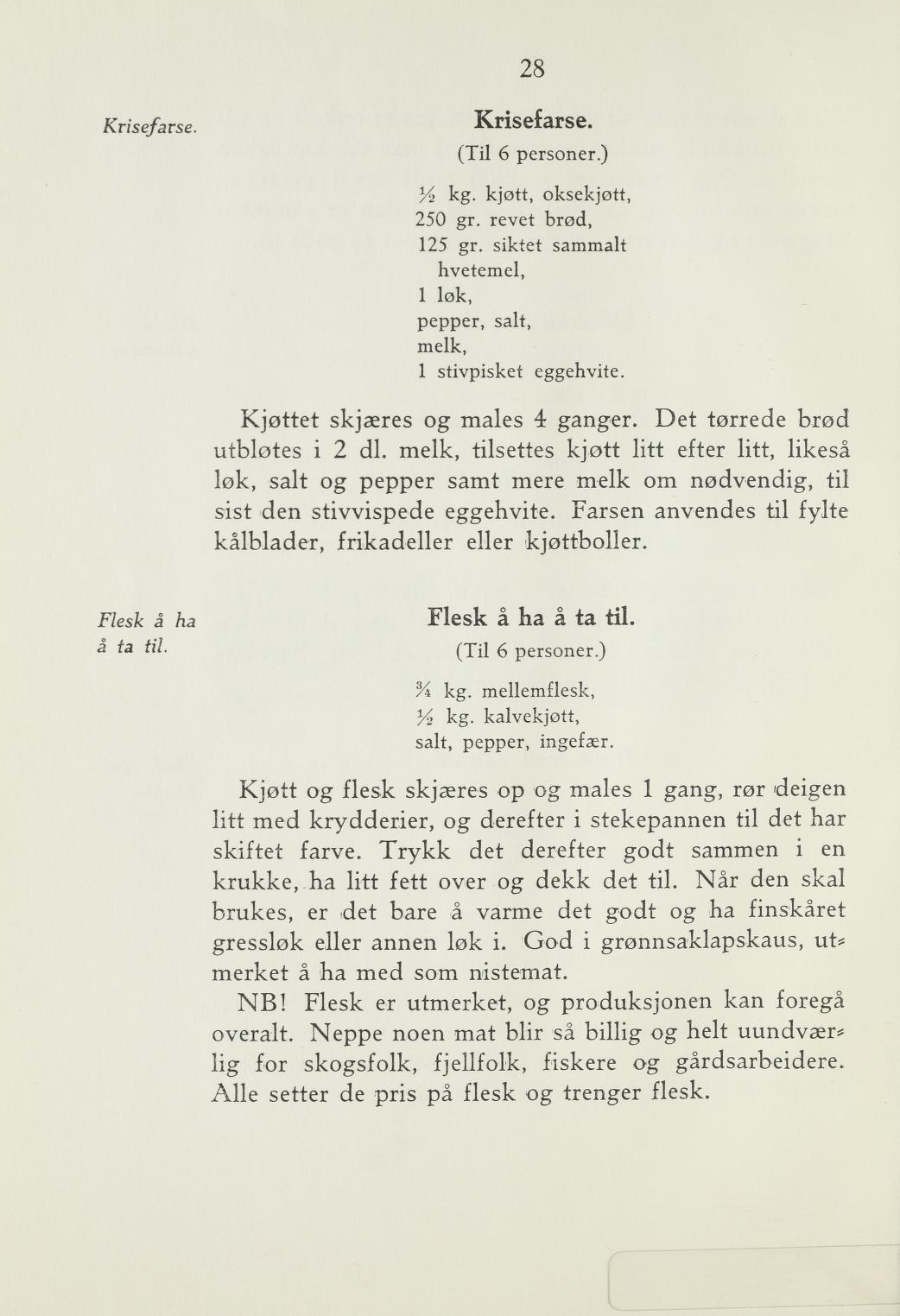 Faksimile av «Flesk å ha å ta til» fra Steking og baking 1940