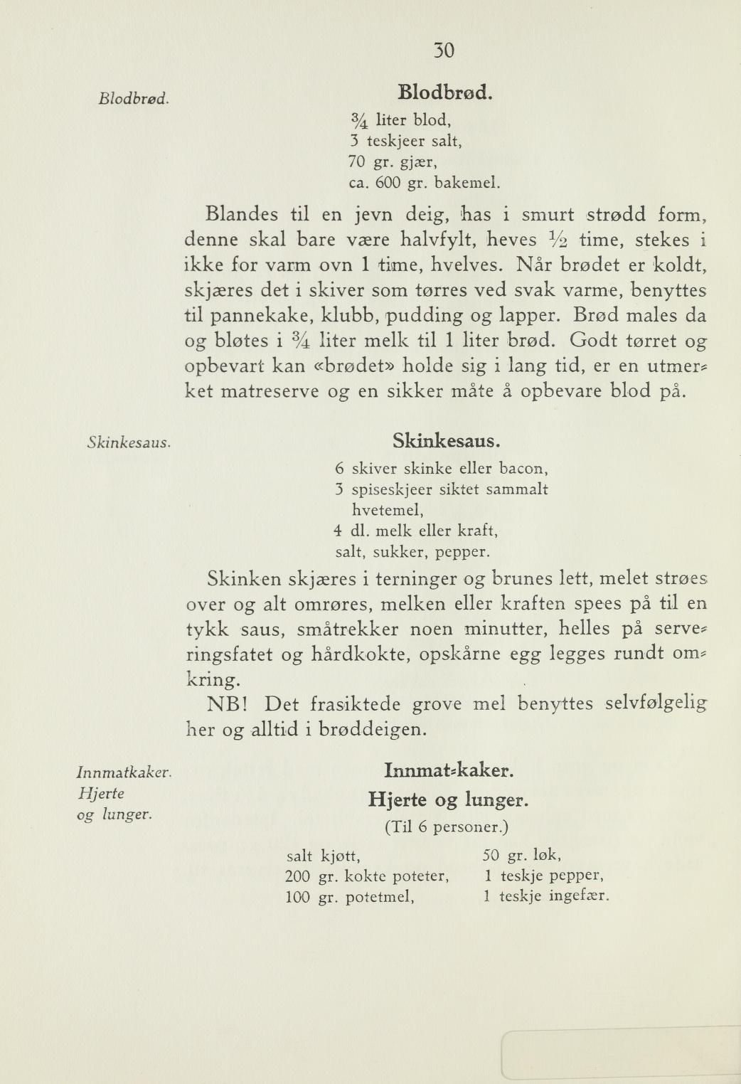 Faksimile av «Innmatkaker» fra Steking og baking 1940