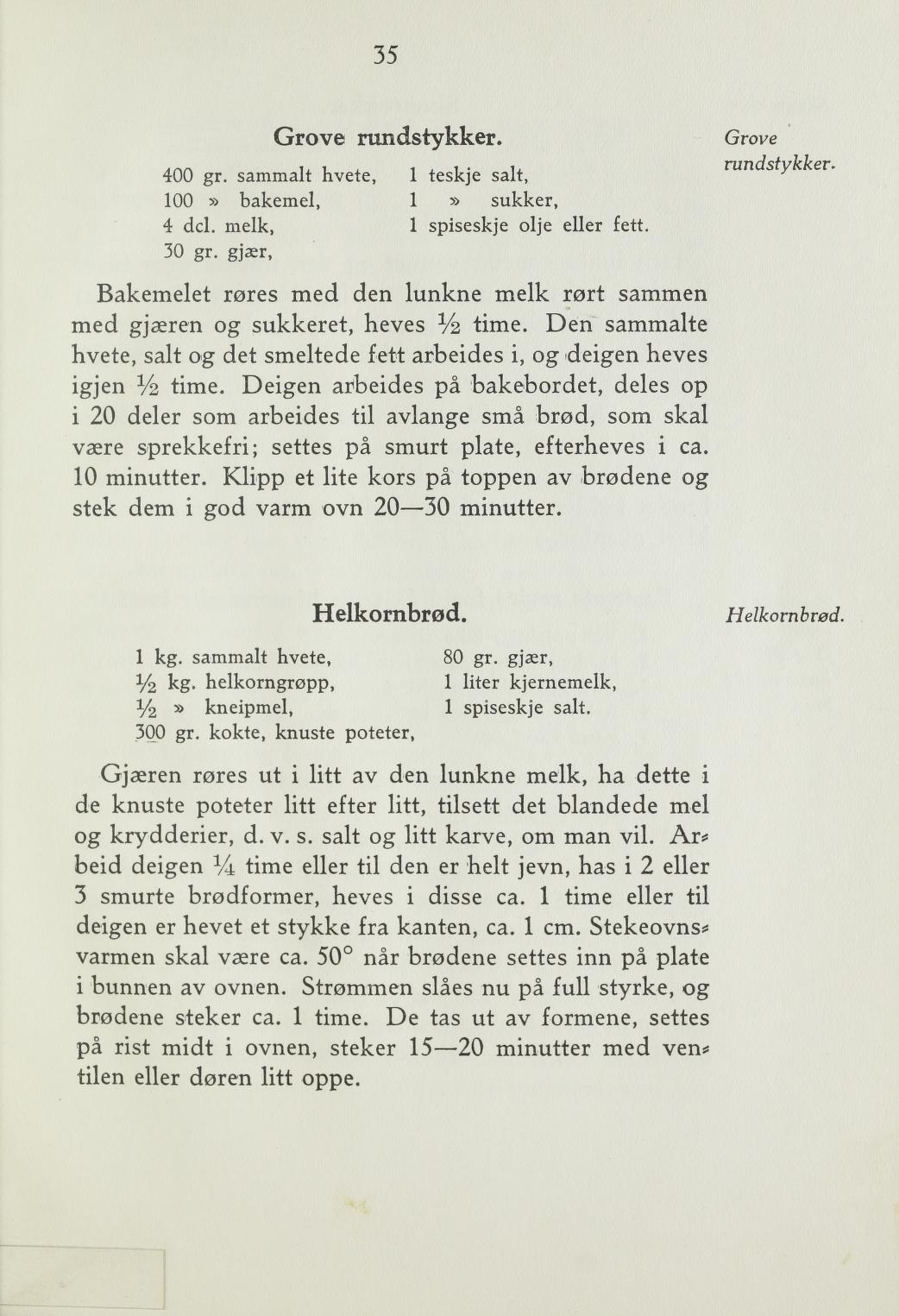 Faksimile av «Grove rundstykker» fra Steking og baking 1940