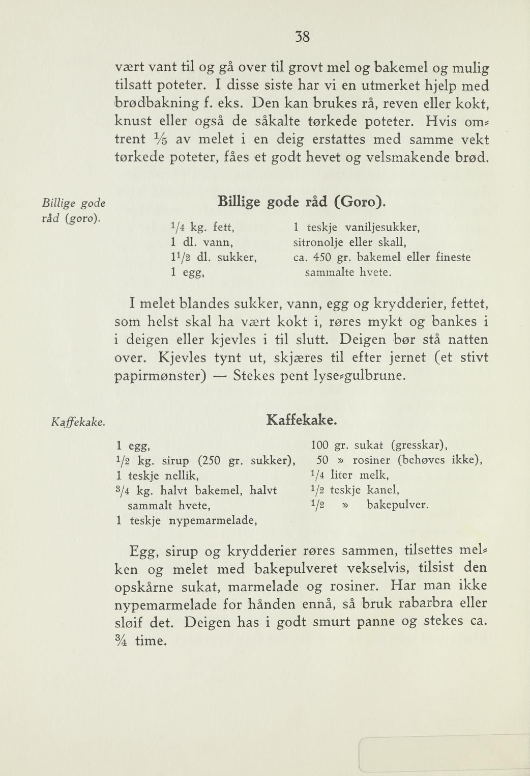 Faksimile av «Billige gode råd (Goro)» fra Steking og baking 1940