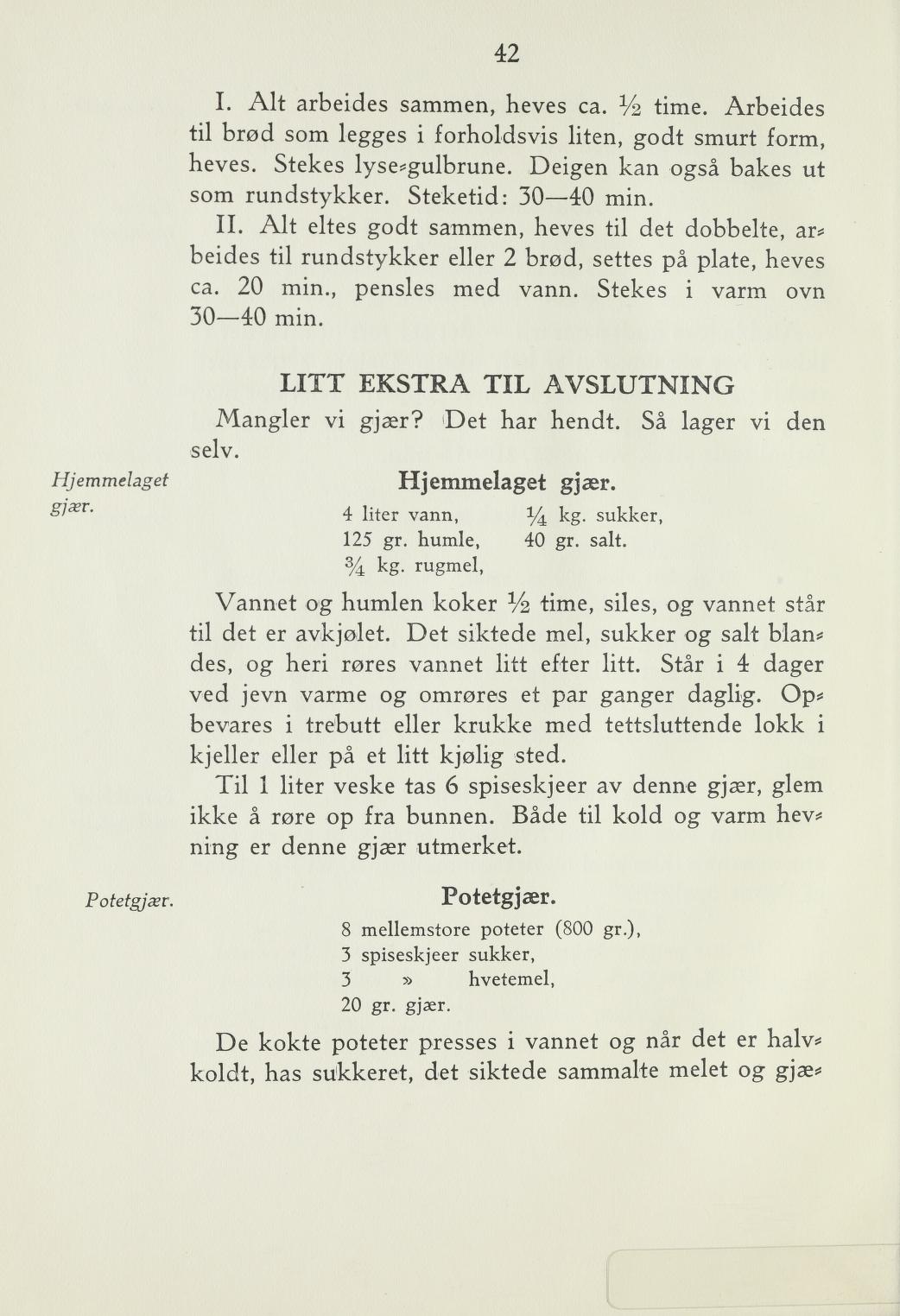 Faksimile av «Hjemmelaget gjær» fra Steking og baking 1940