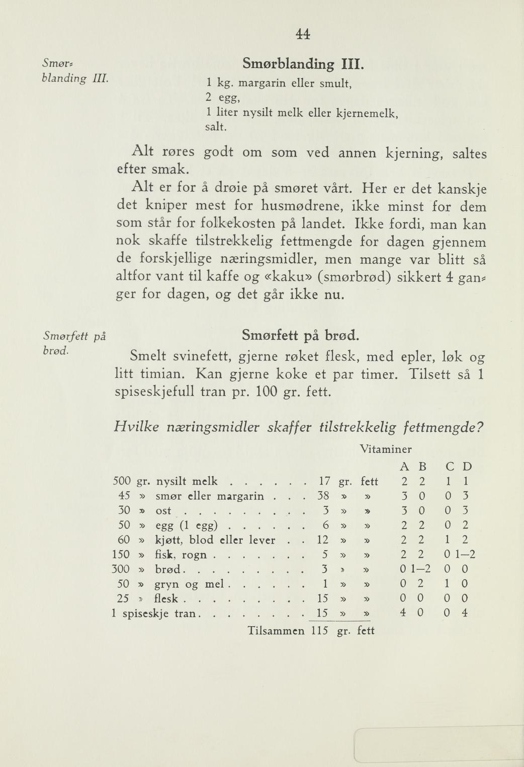Faksimile av «Smørblanding 111» fra Steking og baking 1940