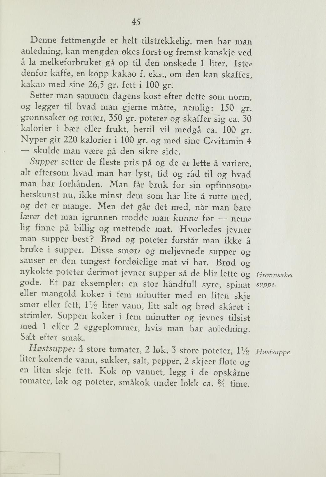 Faksimile av «Grønnsaksuppe» fra Steking og baking 1940