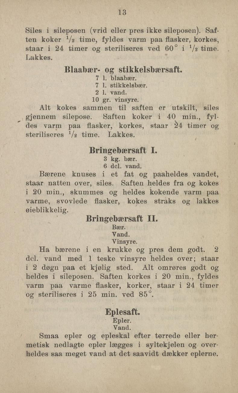 Faksimile av «Blåbær- og stikkelsbærsaft» fra Sylting uten sukker 1918