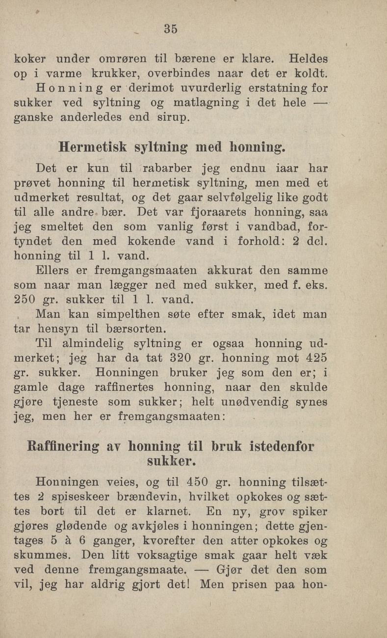 Faksimile av «Hermetisk syltning med honning» fra Sylting uten sukker 1918