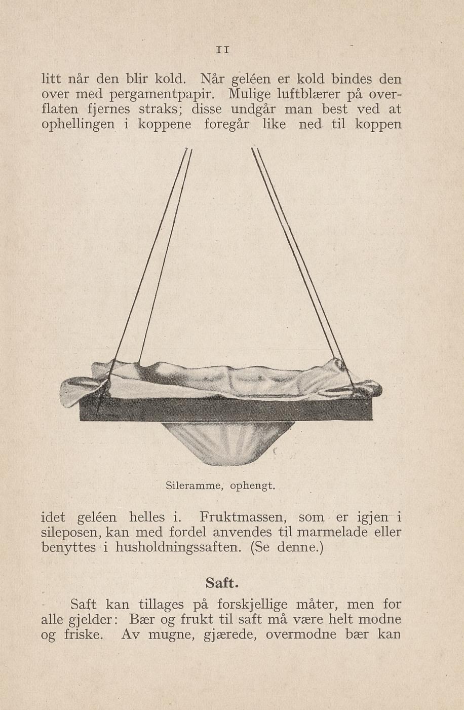 Faksimile av «Saft (ugjæret og gjæret)» fra Syltning, grønnsakers opbevaring, vegetar-retter 1929