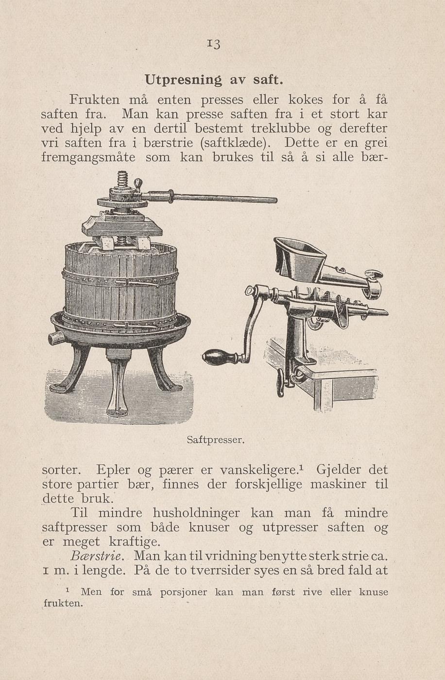 Faksimile av «Utpressing av saft» fra Syltning, grønnsakers opbevaring, vegetar-retter 1929