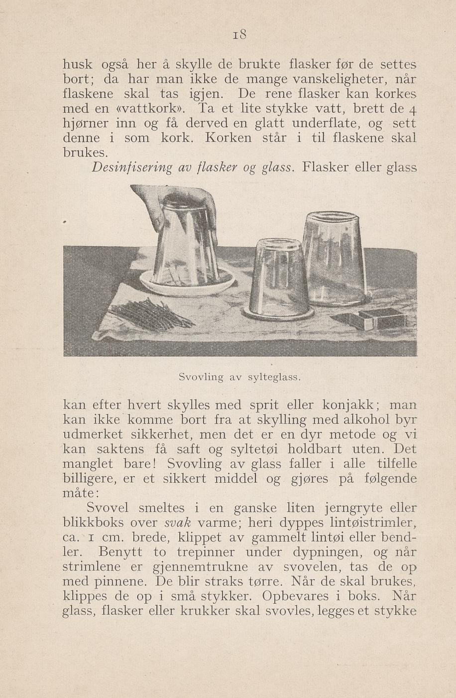 Faksimile av «Desinfisering (svovling) av flasker og glass» fra Syltning, grønnsakers opbevaring, vegetar-retter 1929