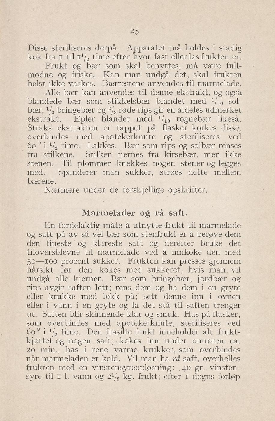 Faksimile av «Marmelade og råsaft» fra Syltning, grønnsakers opbevaring, vegetar-retter 1929