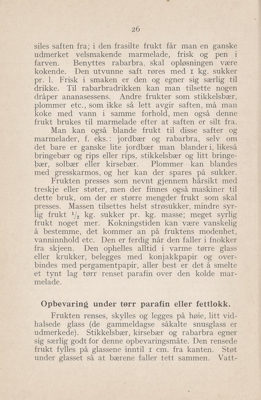 Faksimile av «Oppbevaring under parafin eller fettlokk» fra Syltning, grønnsakers opbevaring, vegetar-retter 1929