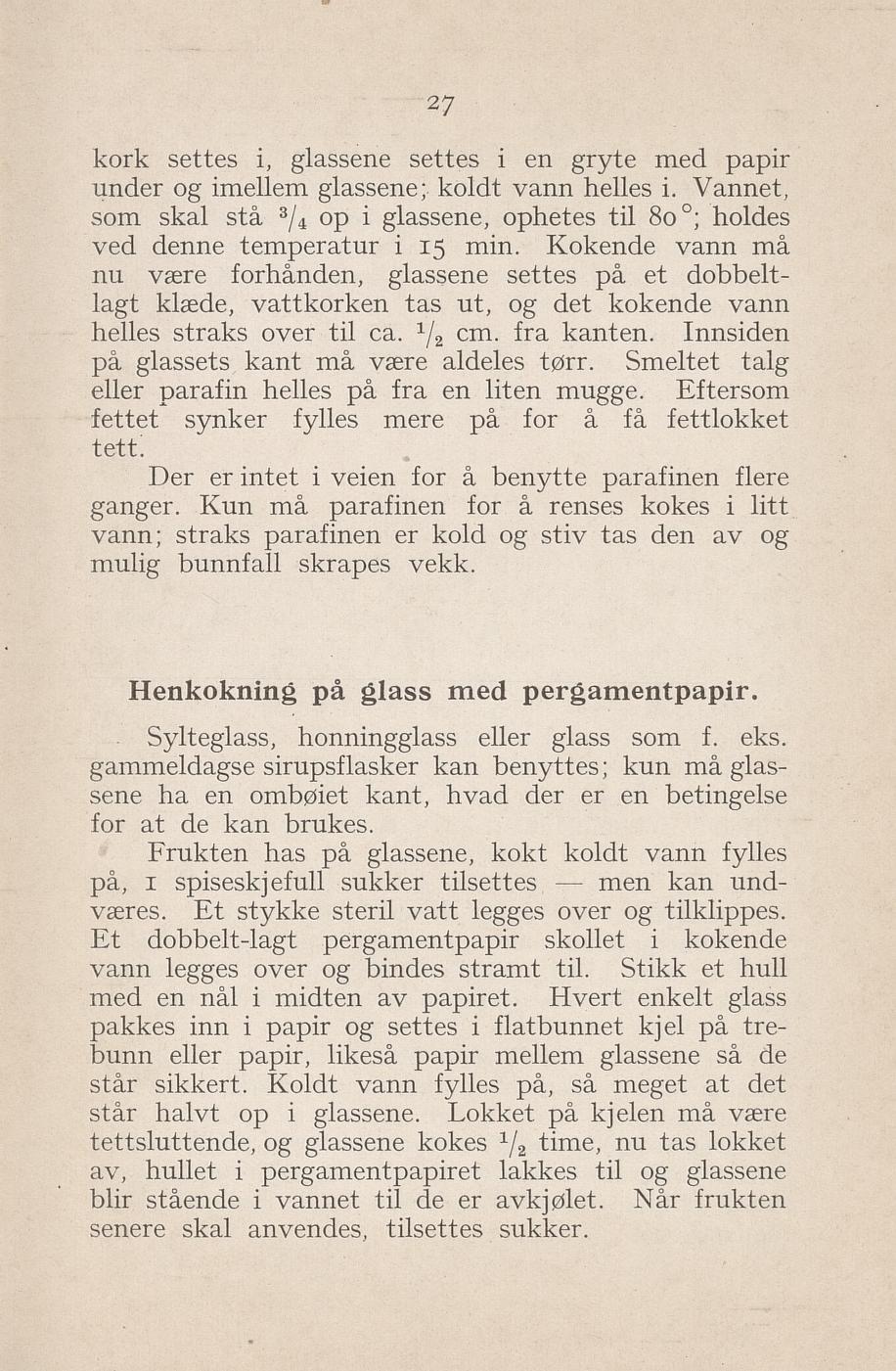 Faksimile av «Henkoking på glass med pergamentpapir» fra Syltning, grønnsakers opbevaring, vegetar-retter 1929