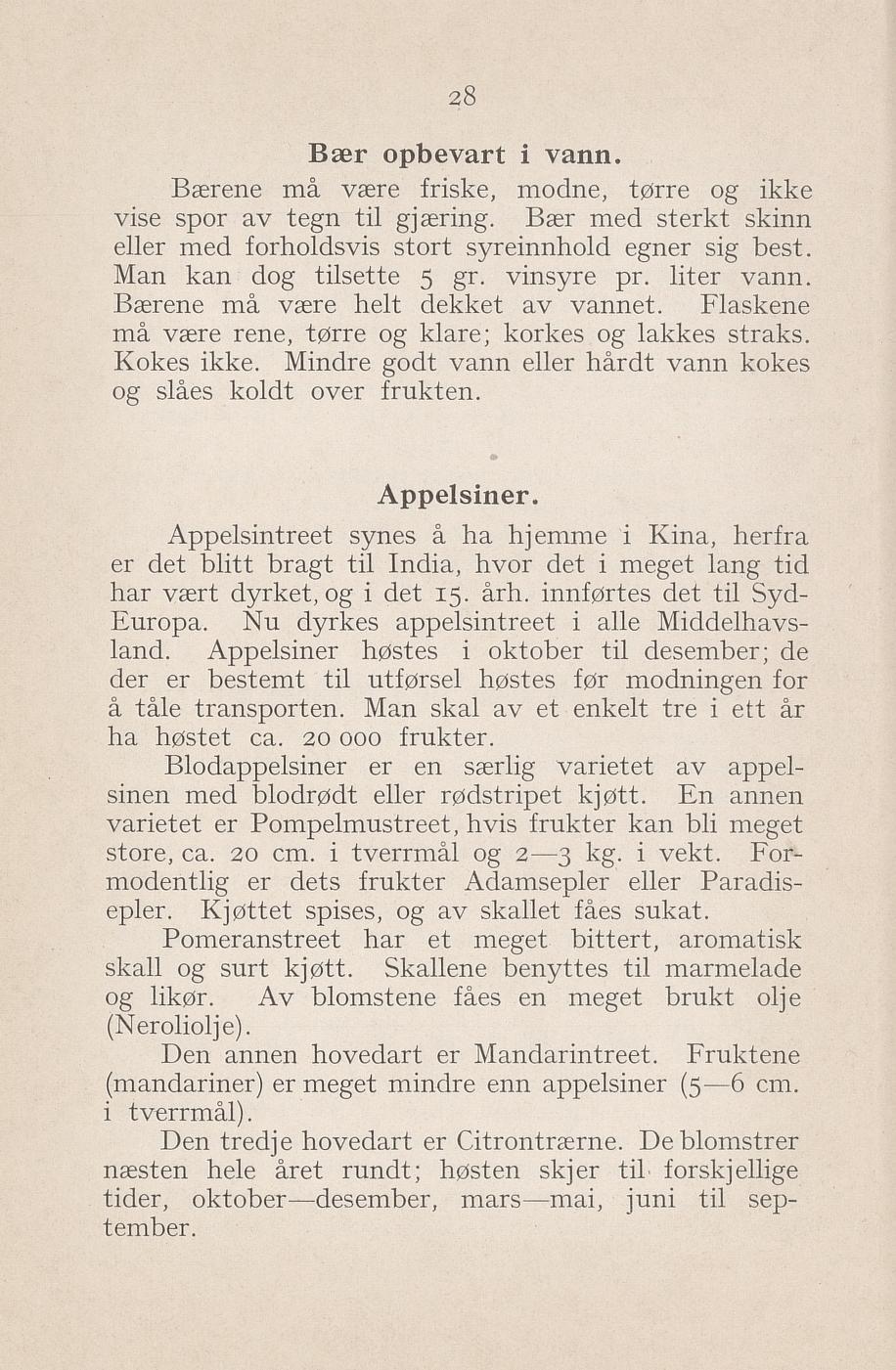 Faksimile av «Bær oppbevart i vann» fra Syltning, grønnsakers opbevaring, vegetar-retter 1929