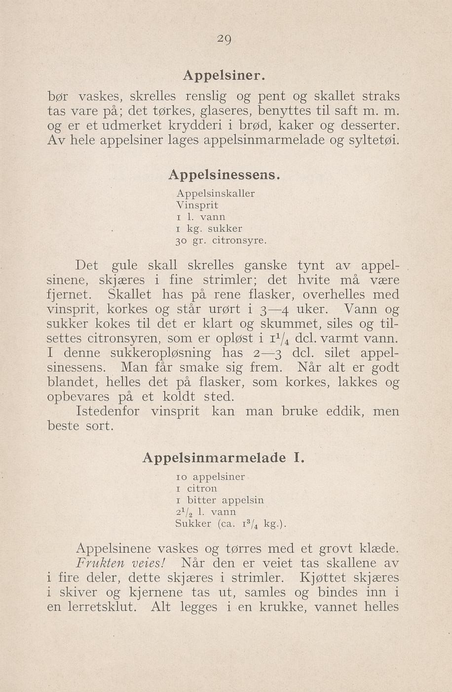 Faksimile av «Appelsinmarmelade I» fra Syltning, grønnsakers opbevaring, vegetar-retter 1929