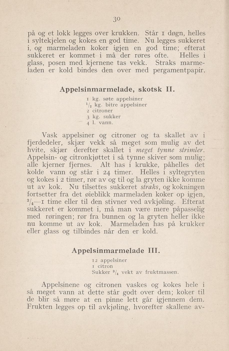Faksimile av «Appelsinmarmelade III» fra Syltning, grønnsakers opbevaring, vegetar-retter 1929