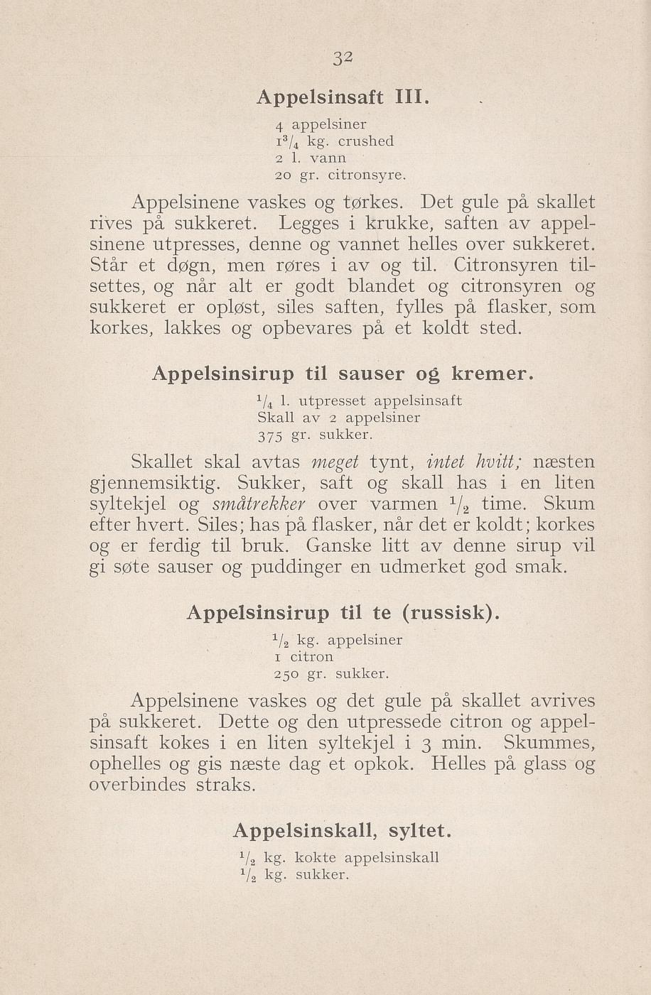 Faksimile av «Appelsinsaft III» fra Syltning, grønnsakers opbevaring, vegetar-retter 1929