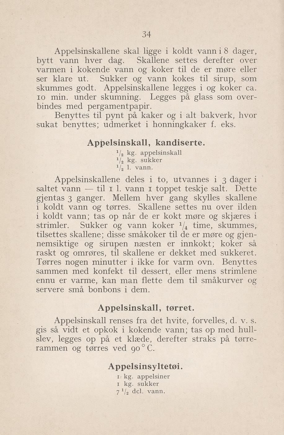 Faksimile av «Appelsinskall, kandisert» fra Syltning, grønnsakers opbevaring, vegetar-retter 1929