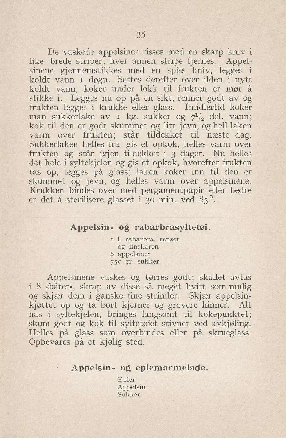 Faksimile av «Appelsin- og eplemarmelade» fra Syltning, grønnsakers opbevaring, vegetar-retter 1929