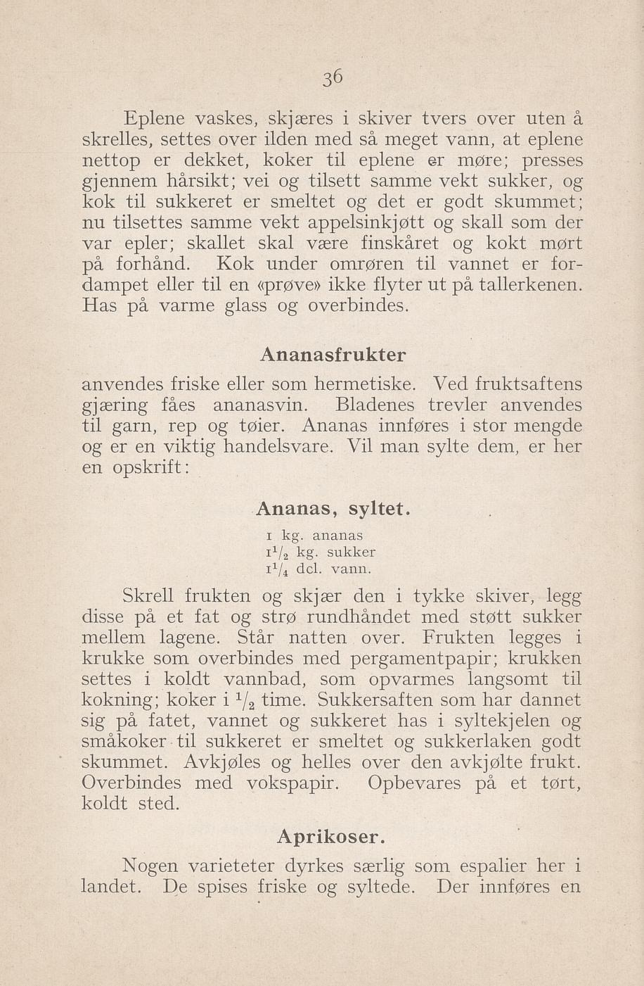 Faksimile av «Ananas, syltet» fra Syltning, grønnsakers opbevaring, vegetar-retter 1929