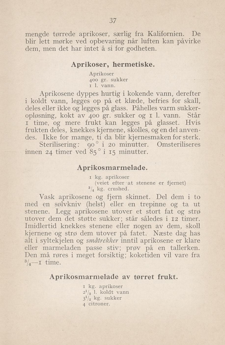 Faksimile av «Aprikosmarmelade» fra Syltning, grønnsakers opbevaring, vegetar-retter 1929