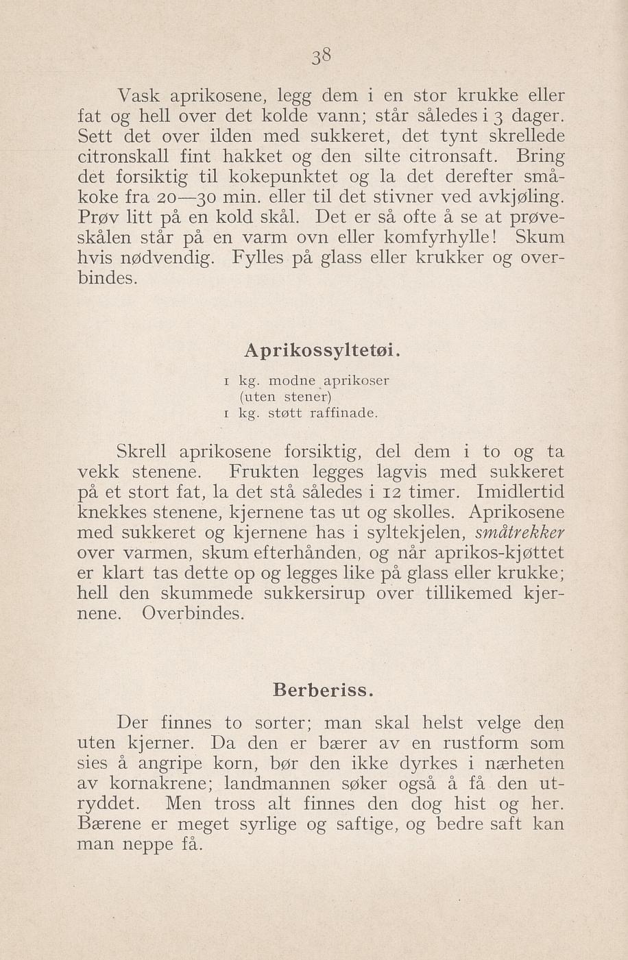 Faksimile av «Aprikossyltetøy» fra Syltning, grønnsakers opbevaring, vegetar-retter 1929