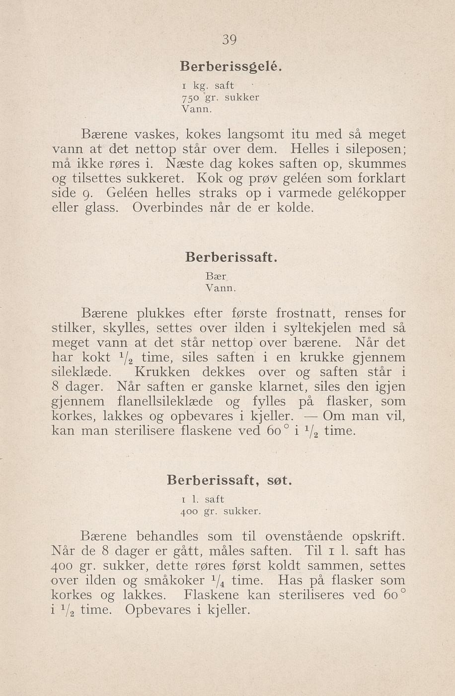 Faksimile av «Berberissaft» fra Syltning, grønnsakers opbevaring, vegetar-retter 1929