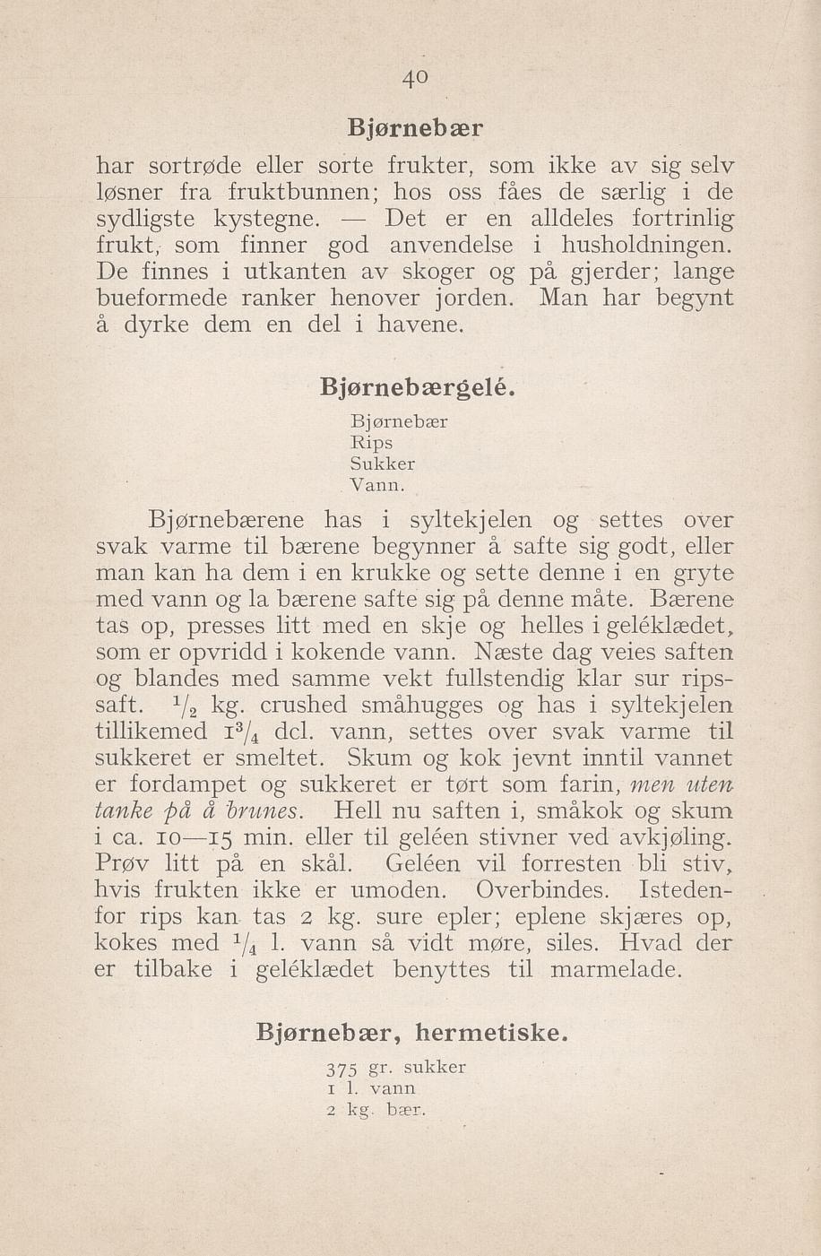 Faksimile av «Bjørnebærgelé» fra Syltning, grønnsakers opbevaring, vegetar-retter 1929
