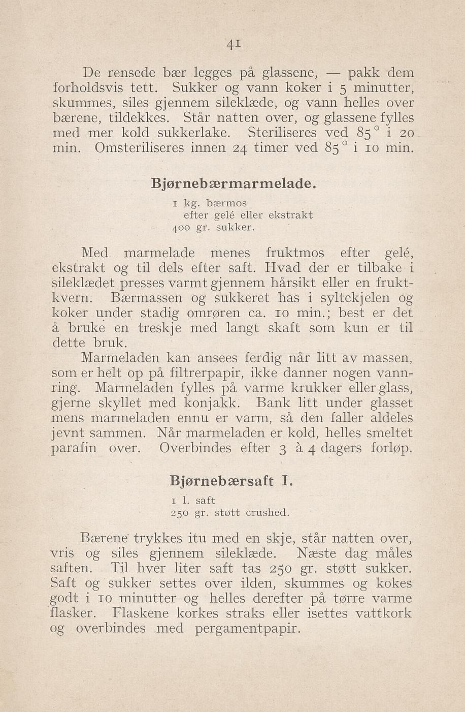 Faksimile av «Bjørnebærsaft I» fra Syltning, grønnsakers opbevaring, vegetar-retter 1929