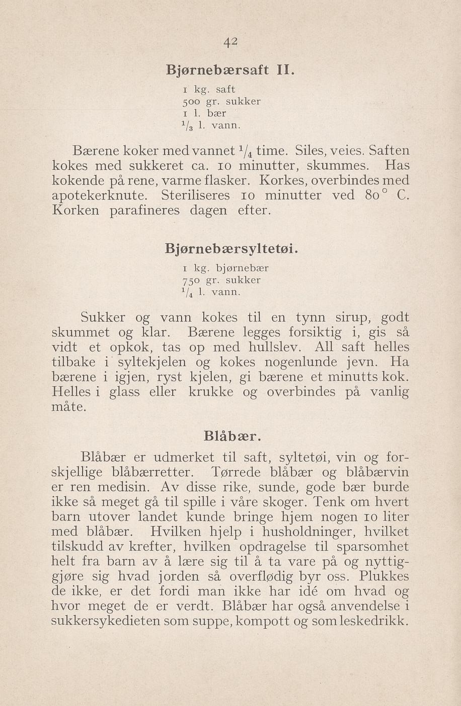Faksimile av «Bjørnebærsaft II» fra Syltning, grønnsakers opbevaring, vegetar-retter 1929