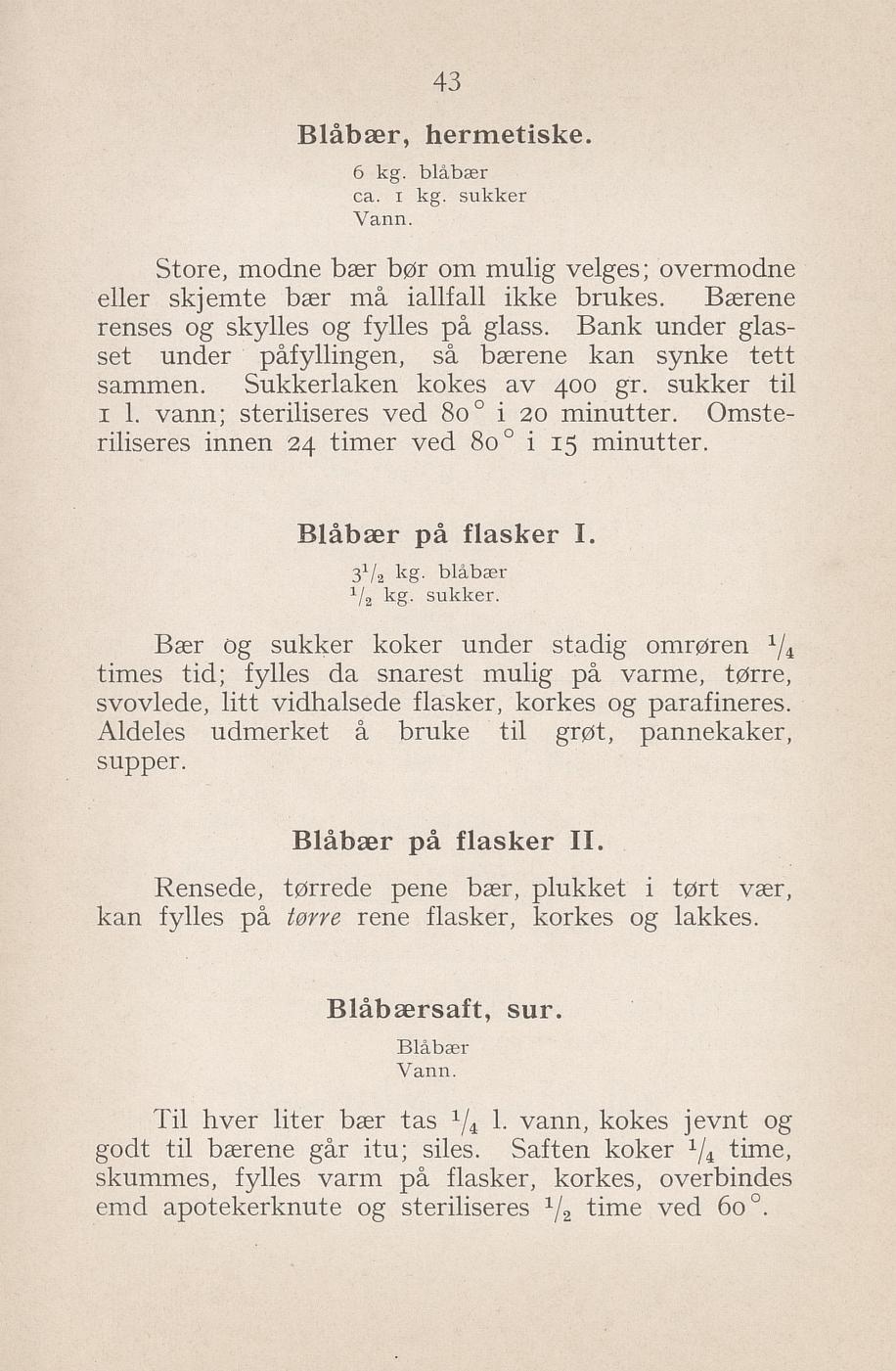 Faksimile av «Sur blåbærsaft» fra Syltning, grønnsakers opbevaring, vegetar-retter 1929