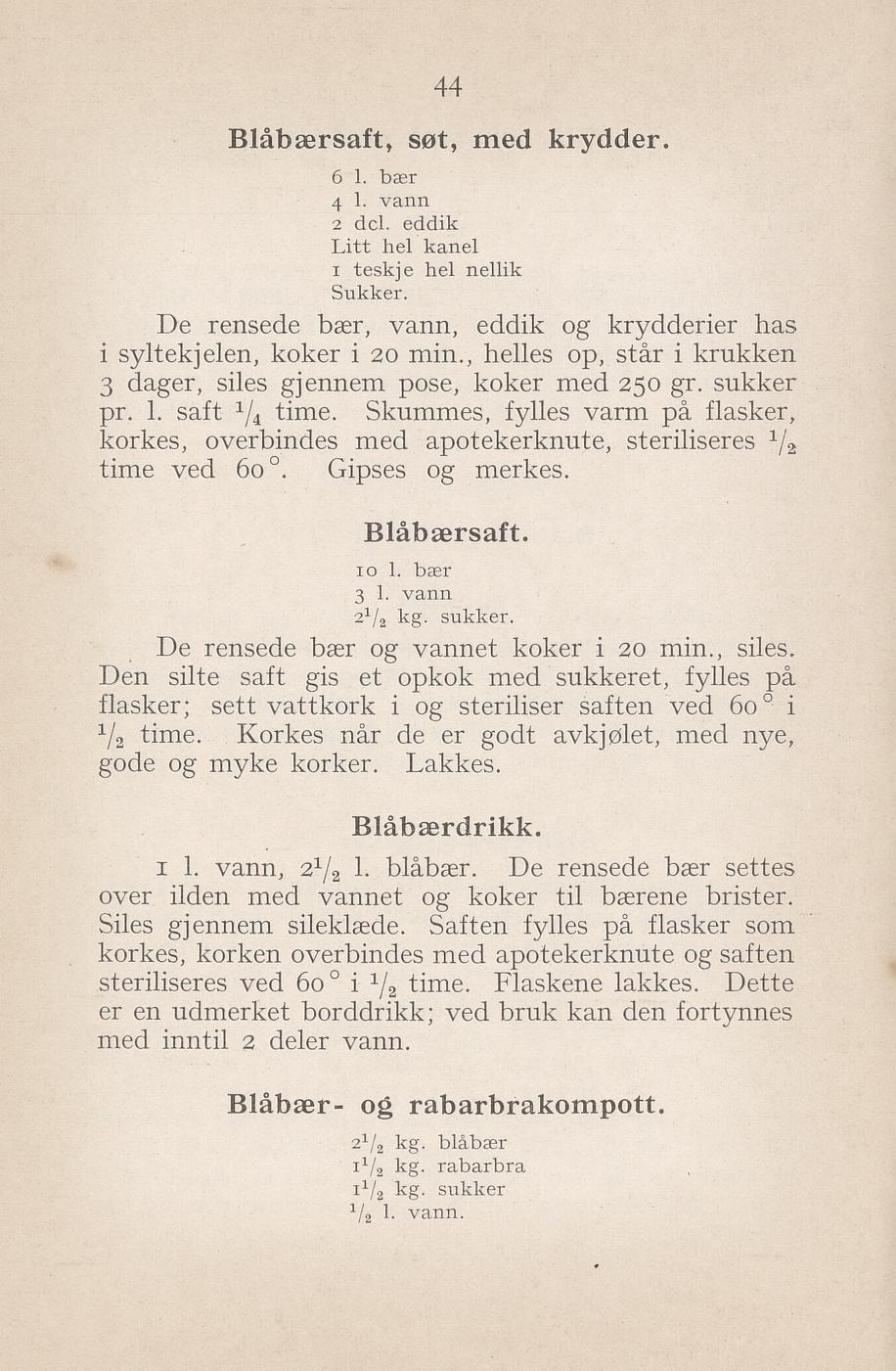 Faksimile av «Blåbærdrikk» fra Syltning, grønnsakers opbevaring, vegetar-retter 1929