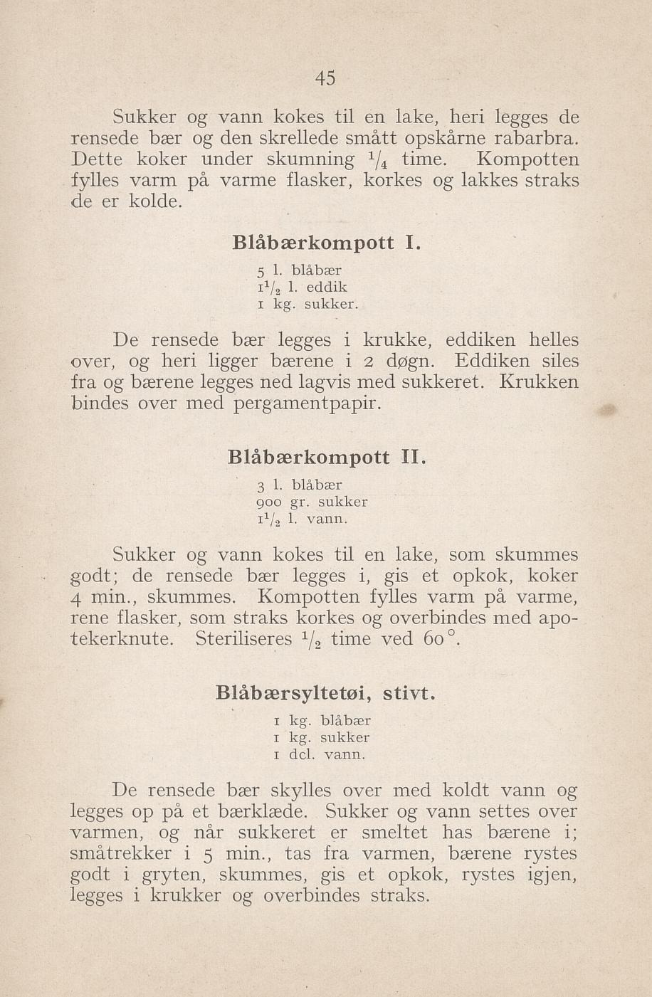 Faksimile av «Blåbærkompott I» fra Syltning, grønnsakers opbevaring, vegetar-retter 1929