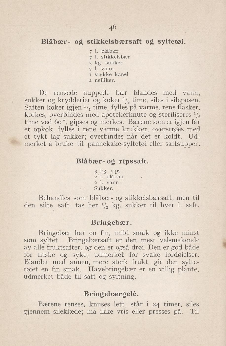 Faksimile av «Blåbær- og ripssaft» fra Syltning, grønnsakers opbevaring, vegetar-retter 1929