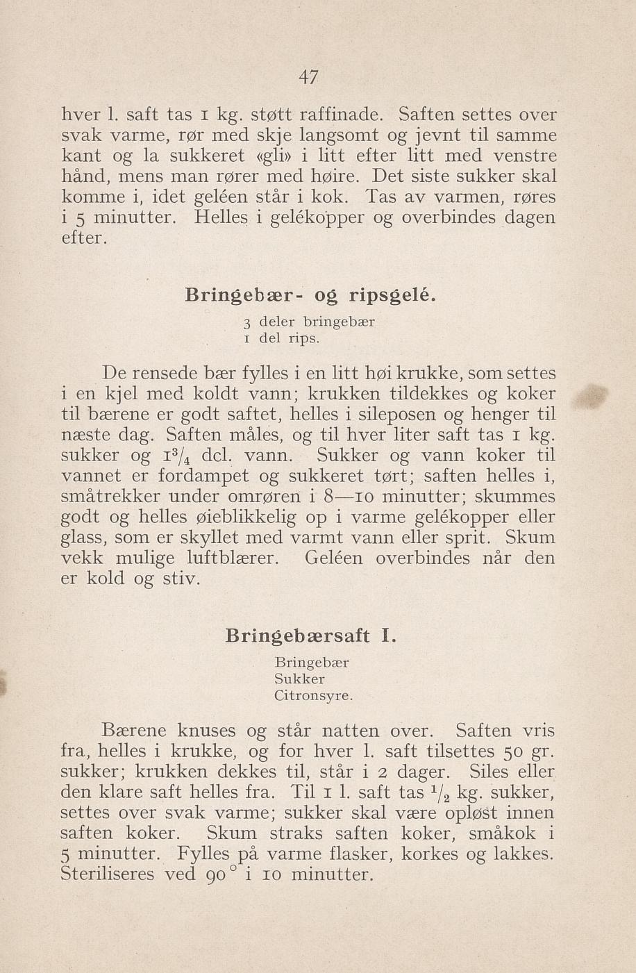 Faksimile av «Bringebærsaft I» fra Syltning, grønnsakers opbevaring, vegetar-retter 1929