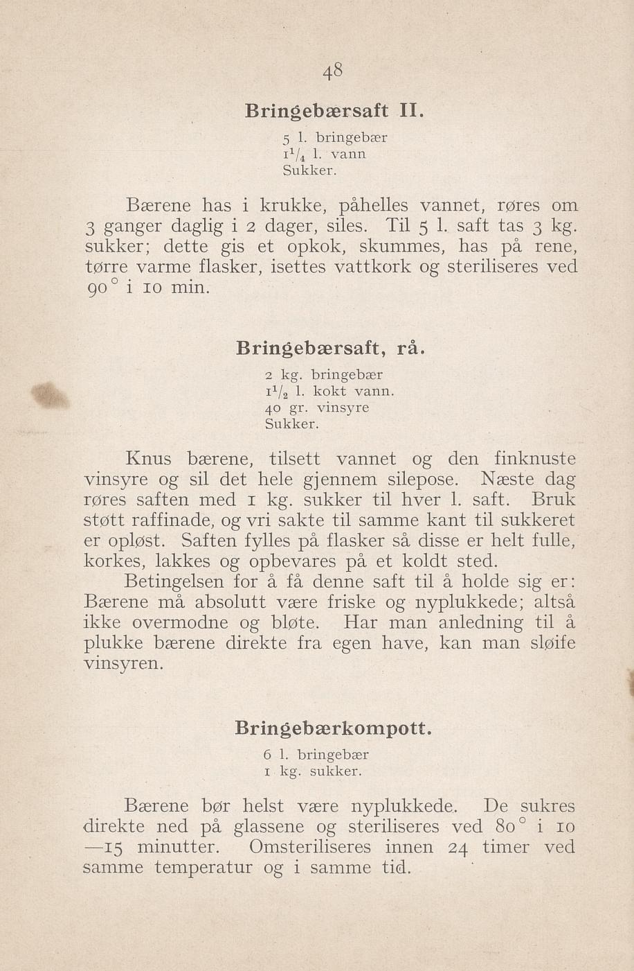 Faksimile av «Rå bringebærsaft» fra Syltning, grønnsakers opbevaring, vegetar-retter 1929